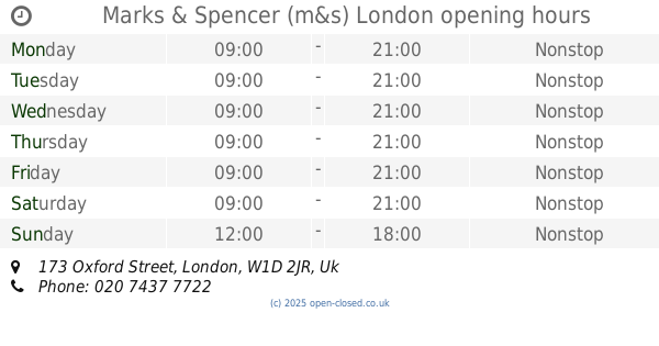 Opening Times Marks and Spencer Oxford Street