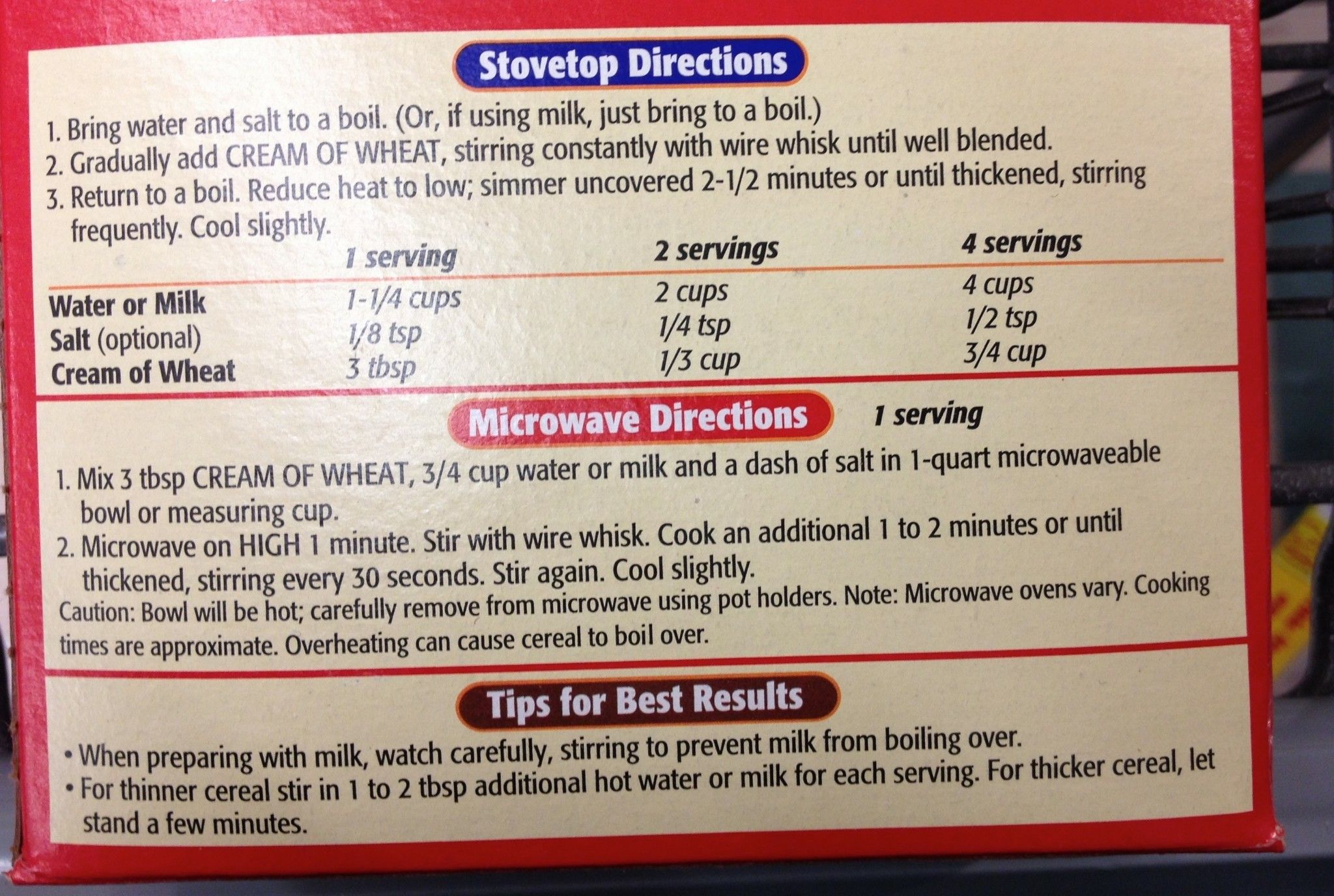 Cooking Instructions for Cream of Wheat