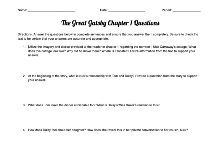 Questions for the Great Gatsby Chapter 1