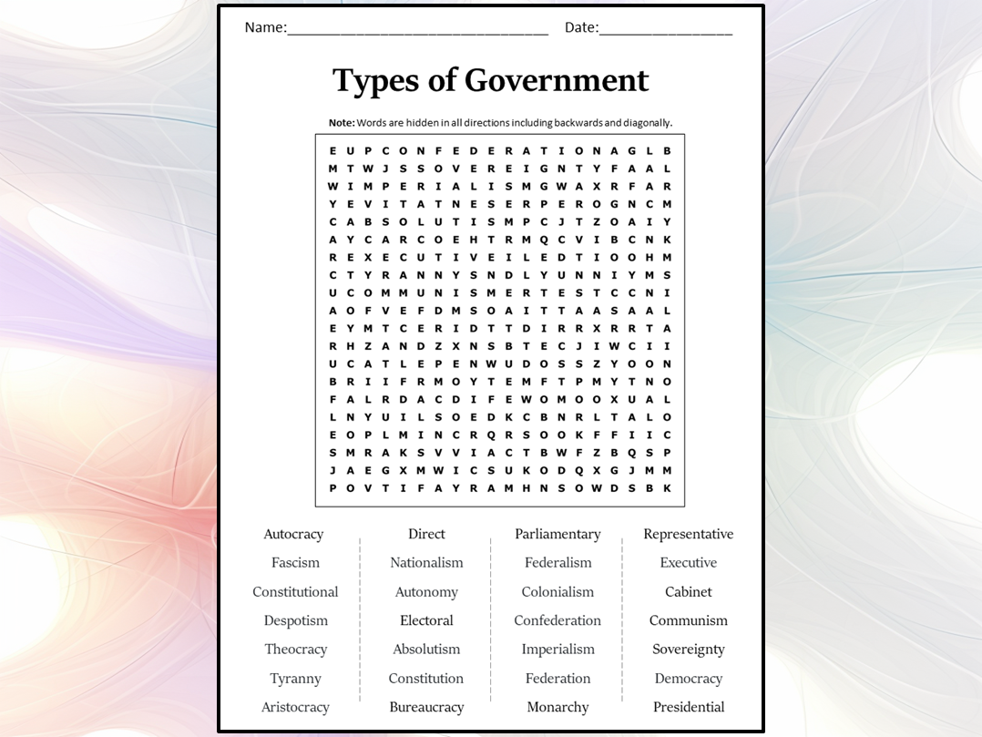 Types of Government Word Search Answer Key