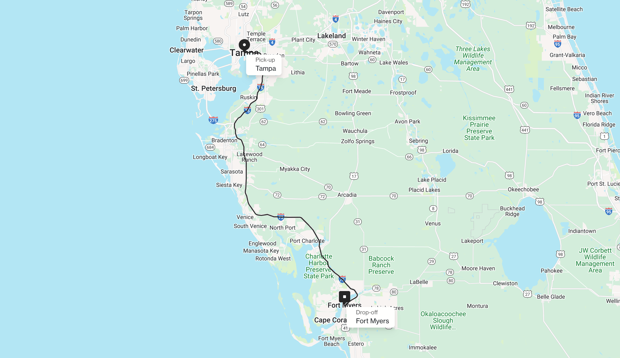 Distance from Tampa Florida to Fort Myers Florida
