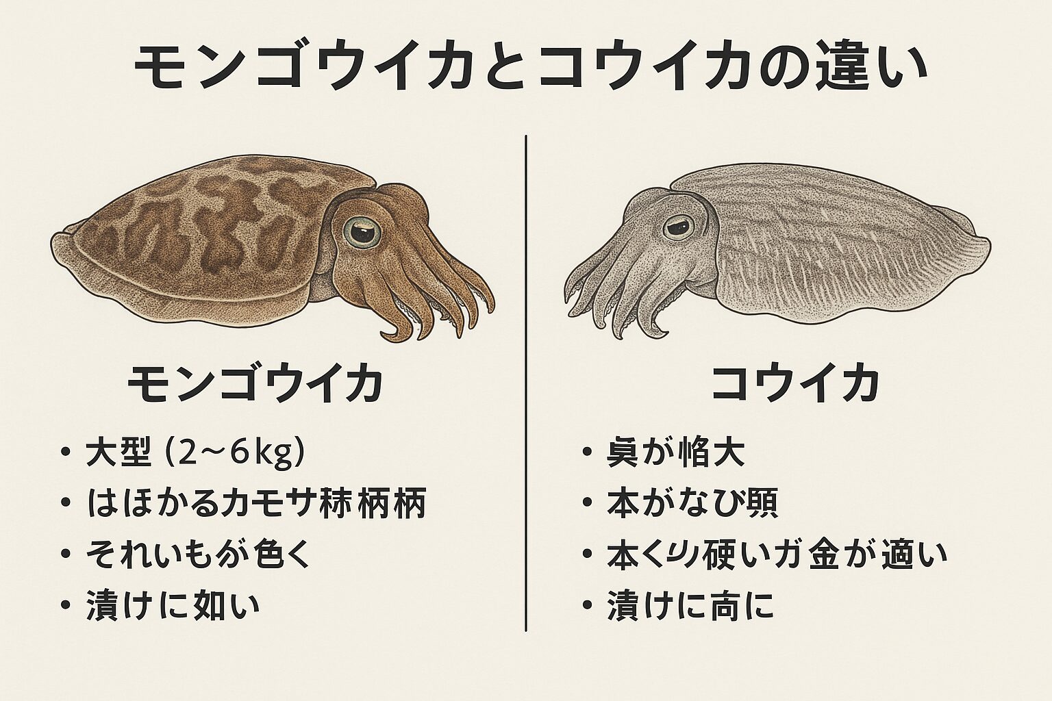 コウイカとモンゴウイカの違いは？見分け方・味・旬と刺身の魅力を徹底比較
