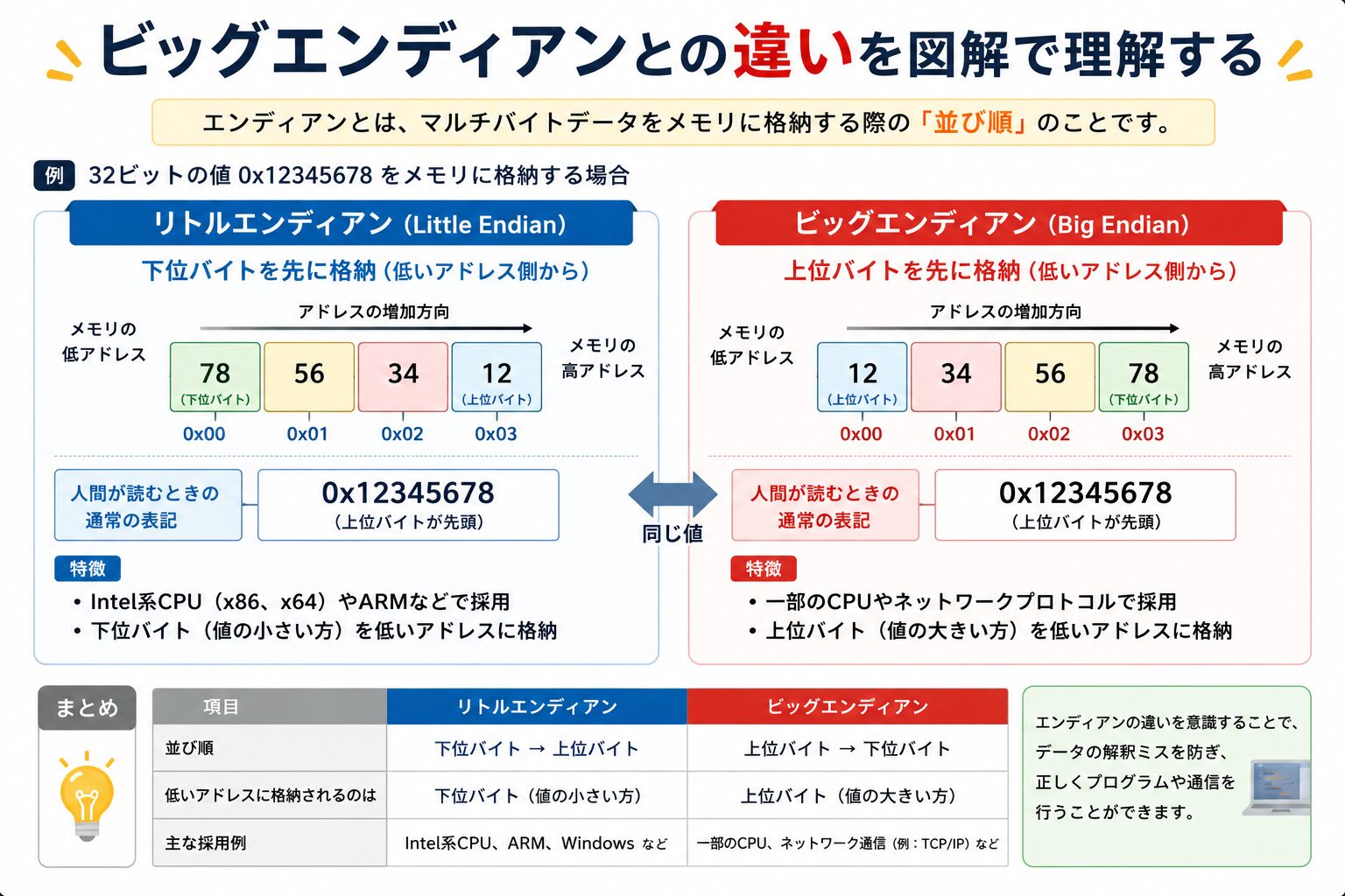 なぜバイト順序は統一されない？エンディアンの違いと仕組み・完全解説