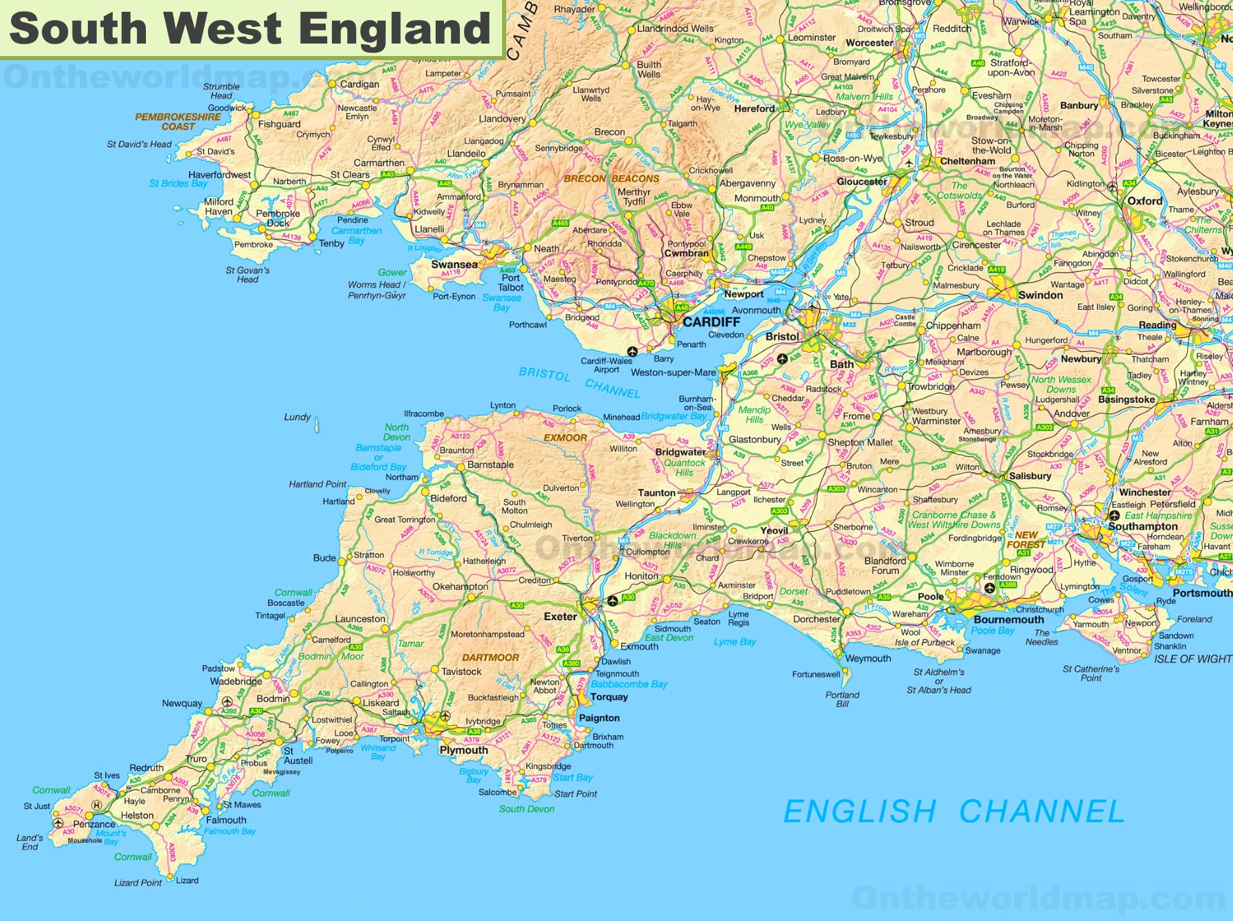 Map of the South West of England with Towns