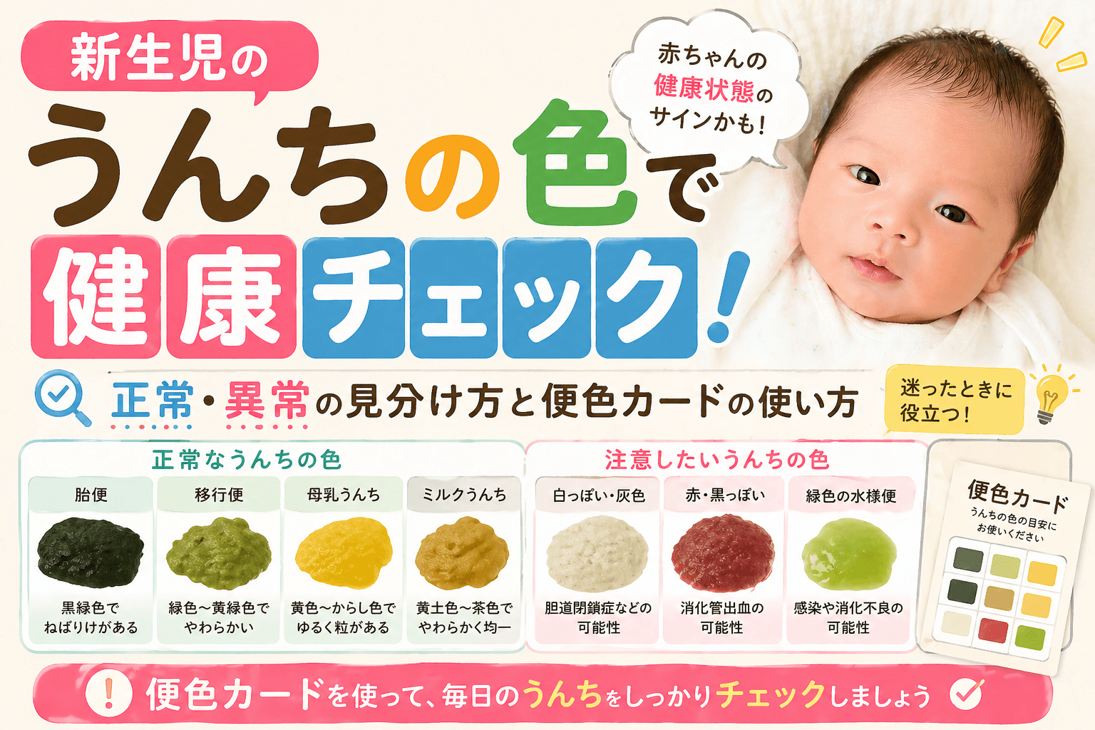 赤ちゃんのうんちの色は何のサイン？緑・白・赤の危険度と受診目安