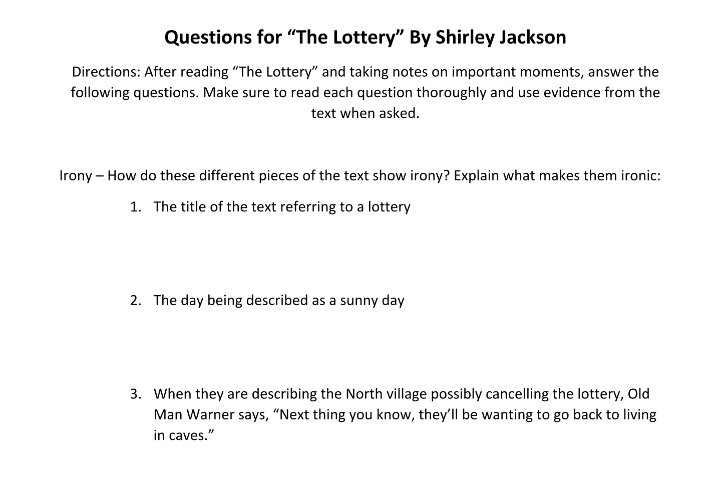 The Lottery Shirley Jackson Questions Answers